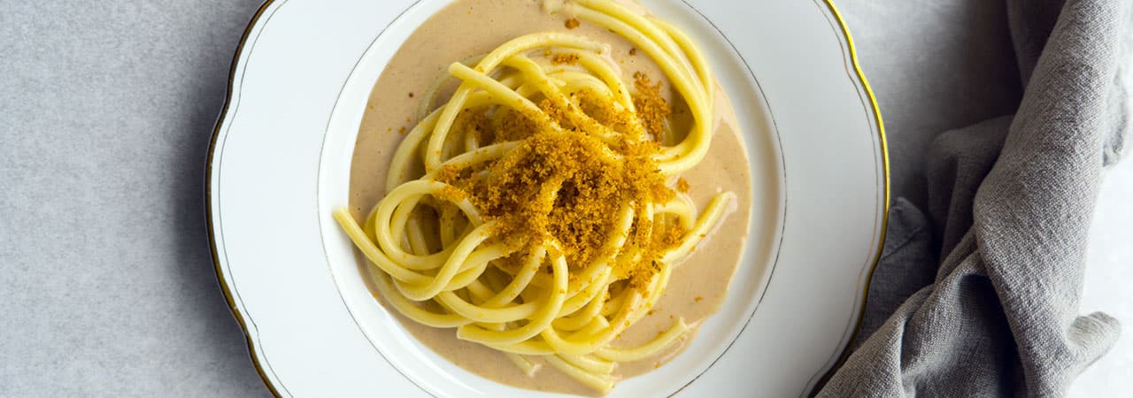 Bucatini with Beans-cream and spiced breadcrumbs