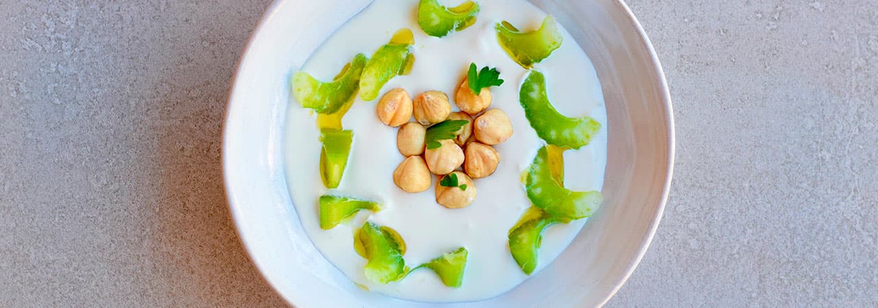 Ricotta Guazzetto with marinated celery and toasted hazelnuts